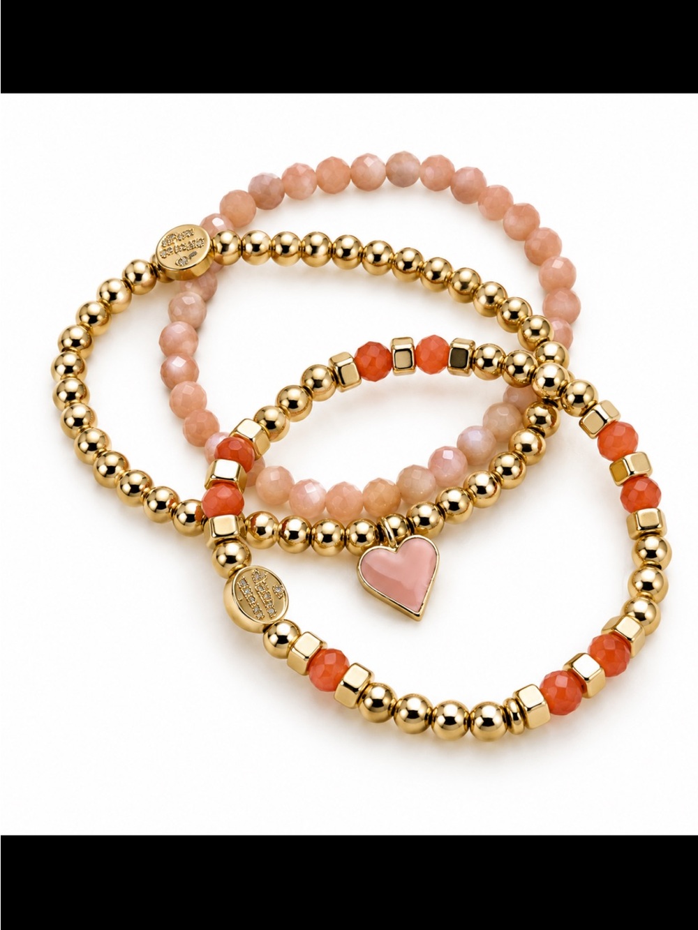 Gold & Coral Beaded Stretch  Bracelet Set of Three by Marlyn Schiff NEW